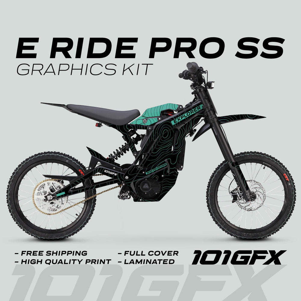 E Ride Pro SS Graphics Kit EXPLORER Black Mint on electric dirt bike, showcasing teal-on-black topographic design with Explorer branding, promising full coverage and durability.