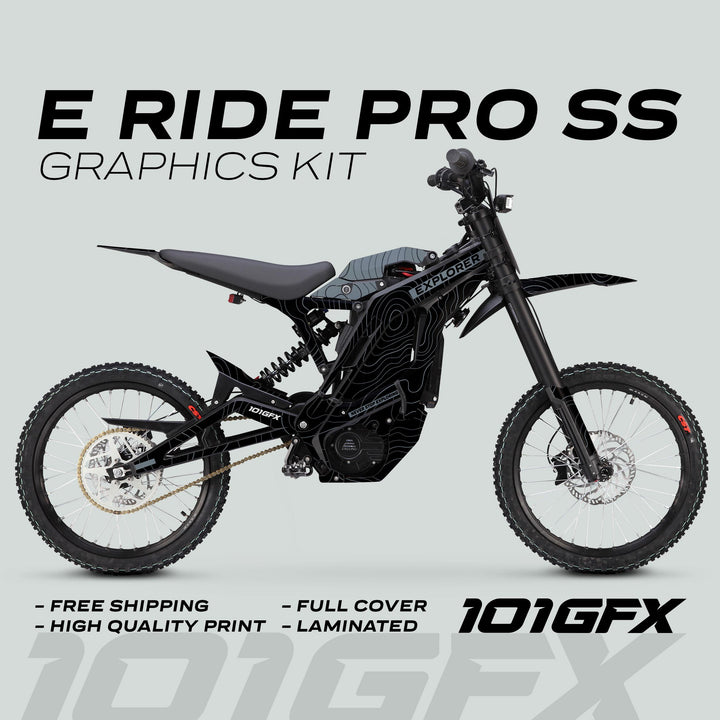 E Ride Pro SS Graphics Kit EXPLORER Black Grey on electric dirt-bike, showcasing full-coverage topographic wrap with highlighted features: free shipping, high-quality print, full cover, laminated.