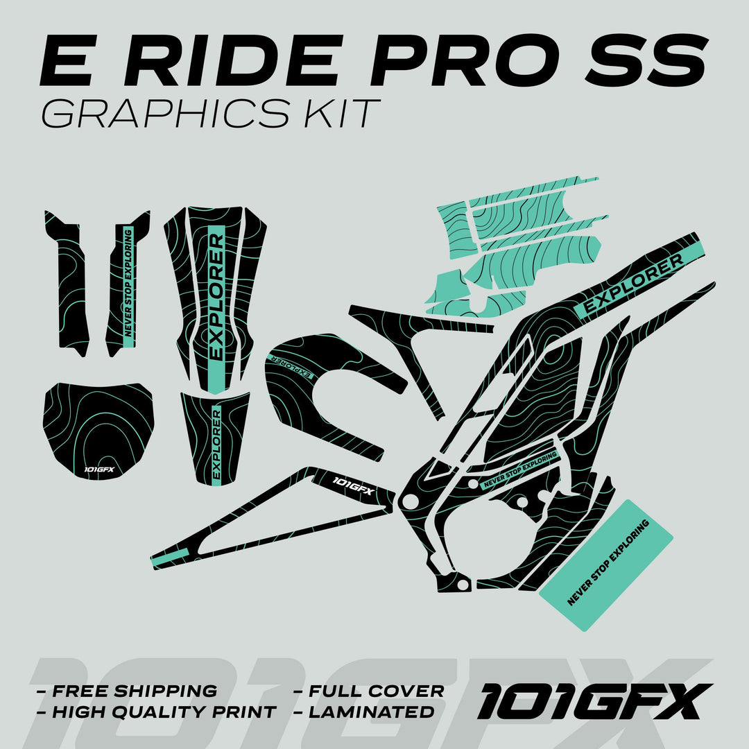 E Ride Pro SS Graphics Kit EXPLORER Black Mint, featuring black and teal topographic decals, tailored for full coverage on e-bike frame and components.