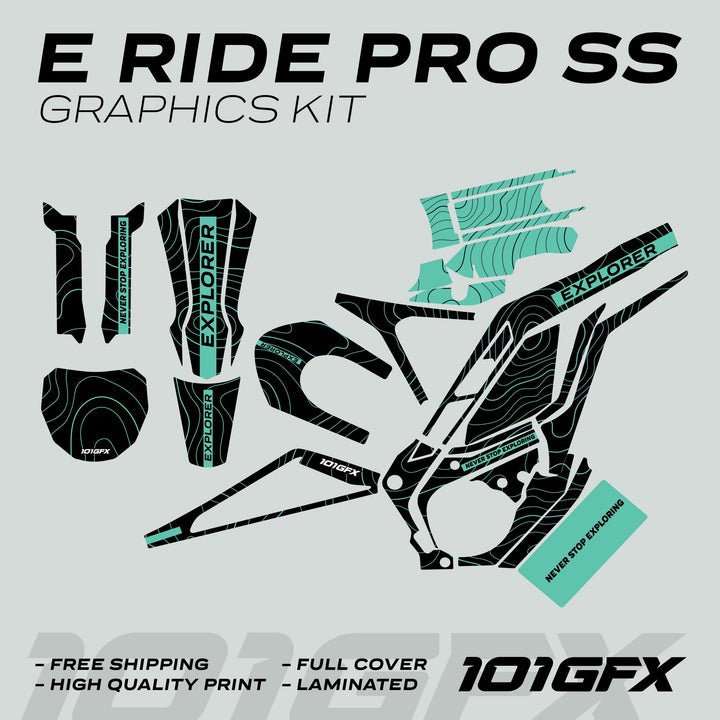 E Ride Pro SS Graphics Kit EXPLORER Black Mint, featuring black and teal topographic decals, tailored for full coverage on e-bike frame and components.