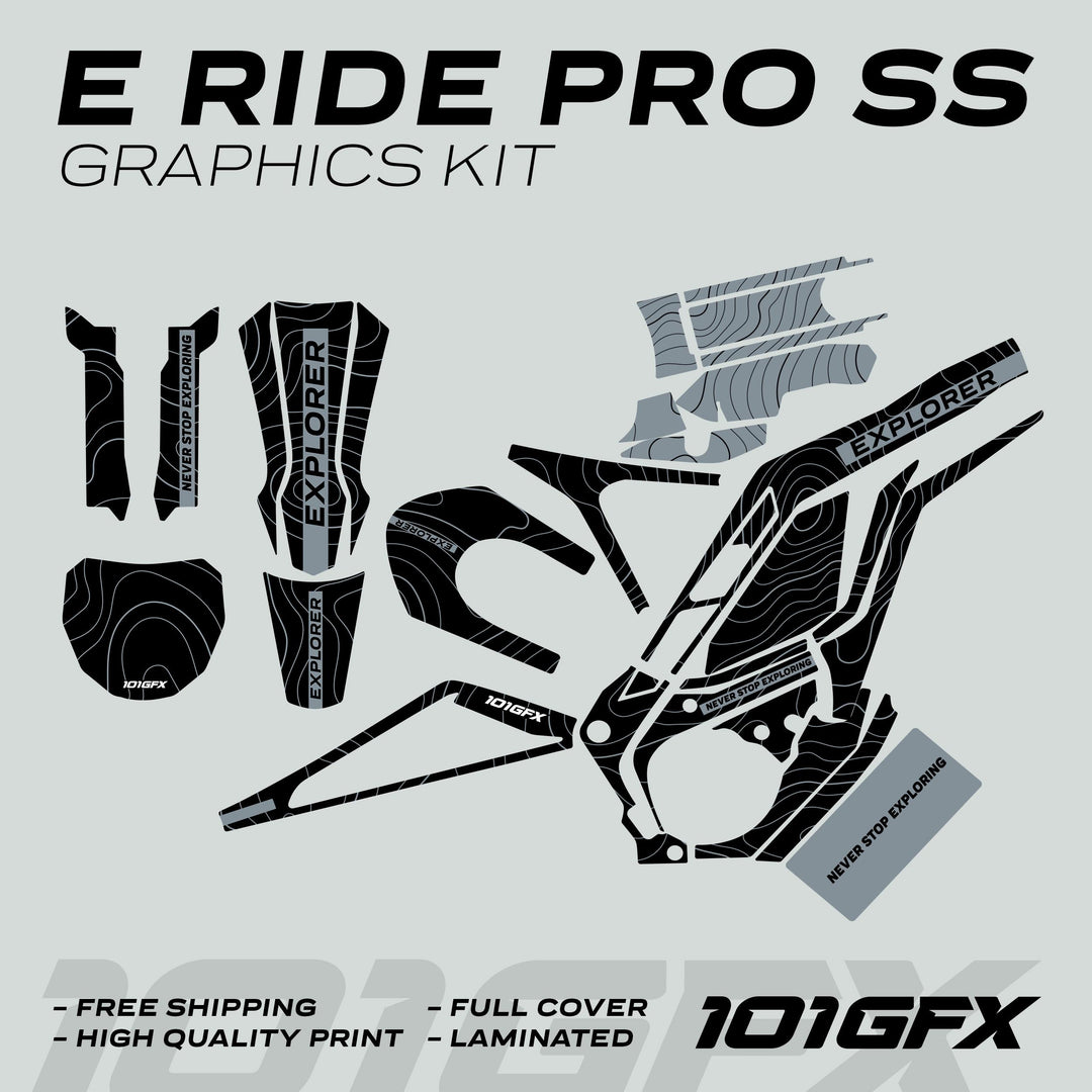 E Ride Pro SS Graphics Kit EXPLORER Black Grey, featuring topographic line patterns, text elements, and durable decals for E-Ride Pro SS bikes; includes free shipping and high-quality print.