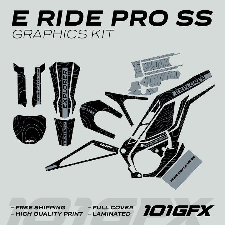 E Ride Pro SS Graphics Kit EXPLORER Black Grey, featuring topographic line patterns, text elements, and durable decals for E-Ride Pro SS bikes; includes free shipping and high-quality print.