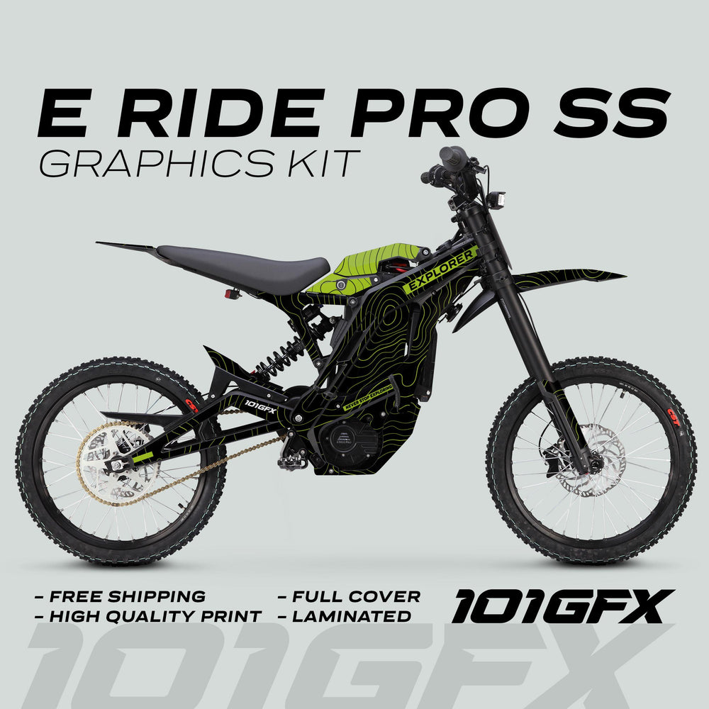 E Ride Pro SS Graphics Kit EXPLORER Black Green, featuring a black-and-neon-green topographic design on a dirt bike, highlighting durability, easy application, and a perfect fit.