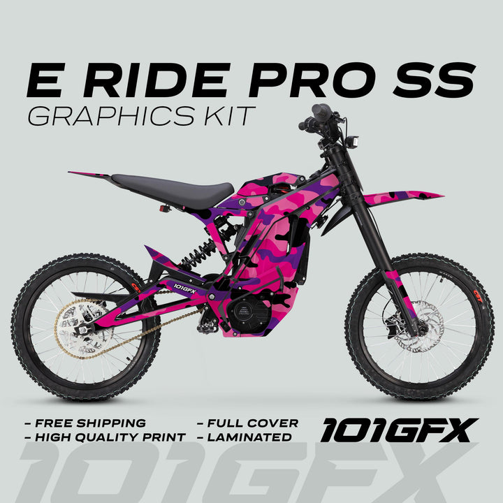 E Ride Pro SS Graphics Kit CAMOUFLAGE PINKY on electric dirt bike, showcasing pink camo design, full coverage, and features like free shipping and high-quality print.