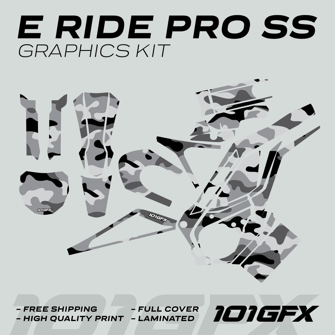 E Ride Pro SS Graphics Kit CAMOUFLAGE SNOW featuring die-cut vinyl pieces in a camo pattern, showcasing shrouds, fork guards, and number plates.