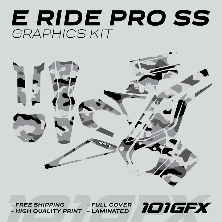 E Ride Pro SS Graphics Kit CAMOUFLAGE SNOW featuring die-cut vinyl pieces in a camo pattern, showcasing shrouds, fork guards, and number plates.