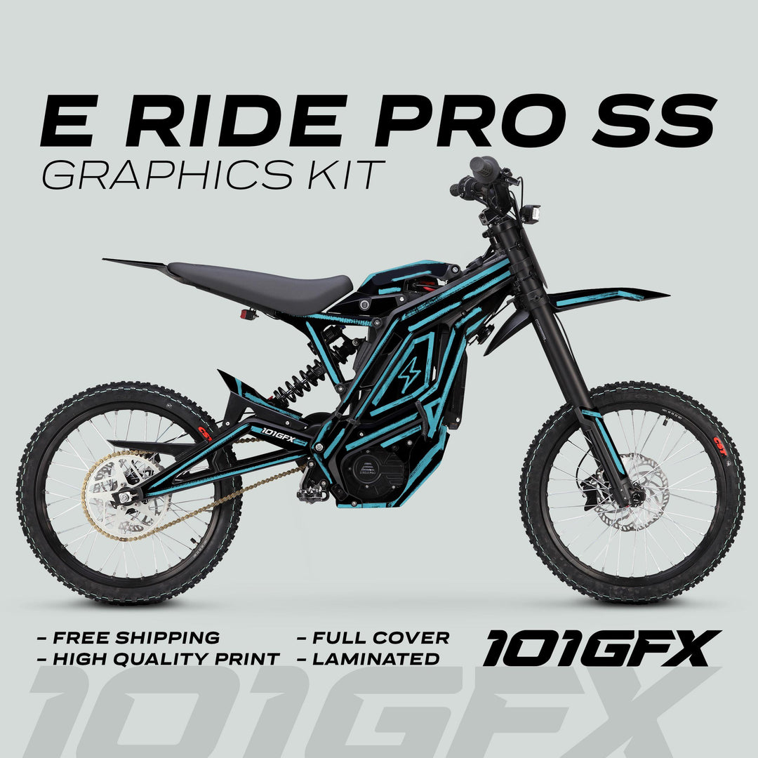 E Ride Pro SS Graphics Kit BRUSH Black Mint displayed on bike with black-teal graphics, highlighting free shipping, high-quality print, full coverage, and laminated finish.
