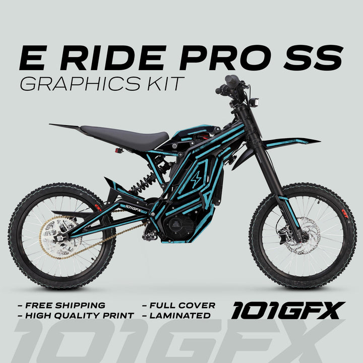 E Ride Pro SS Graphics Kit BRUSH Black Mint displayed on bike with black-teal graphics, highlighting free shipping, high-quality print, full coverage, and laminated finish.