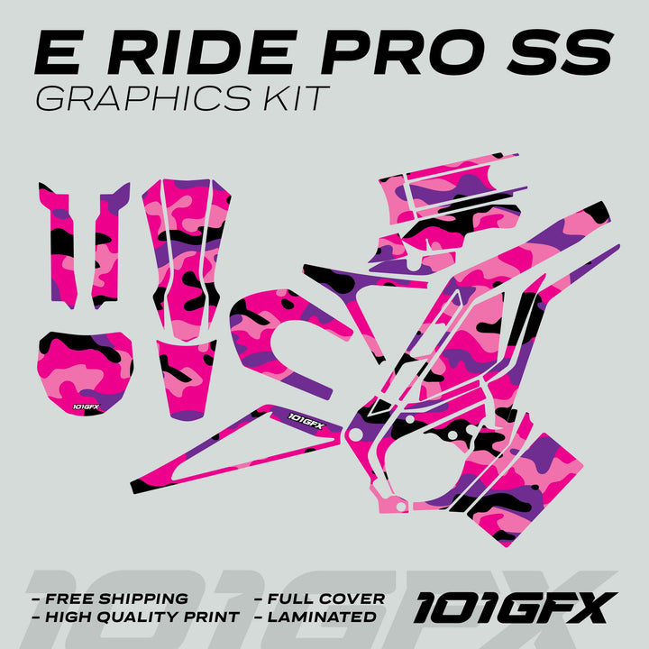 E Ride Pro SS Graphics Kit CAMOUFLAGE PINKY decals laid out, showcasing pink/purple/black camouflage pattern, highlighting features like high-quality print, full cover, and laminated.