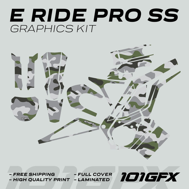E Ride Pro SS Graphics Kit CAMOUFLAGE OLISH with camo-pattern decals, highlighting free shipping, high quality, full coverage, and laminated features for electric bikes/scooters.