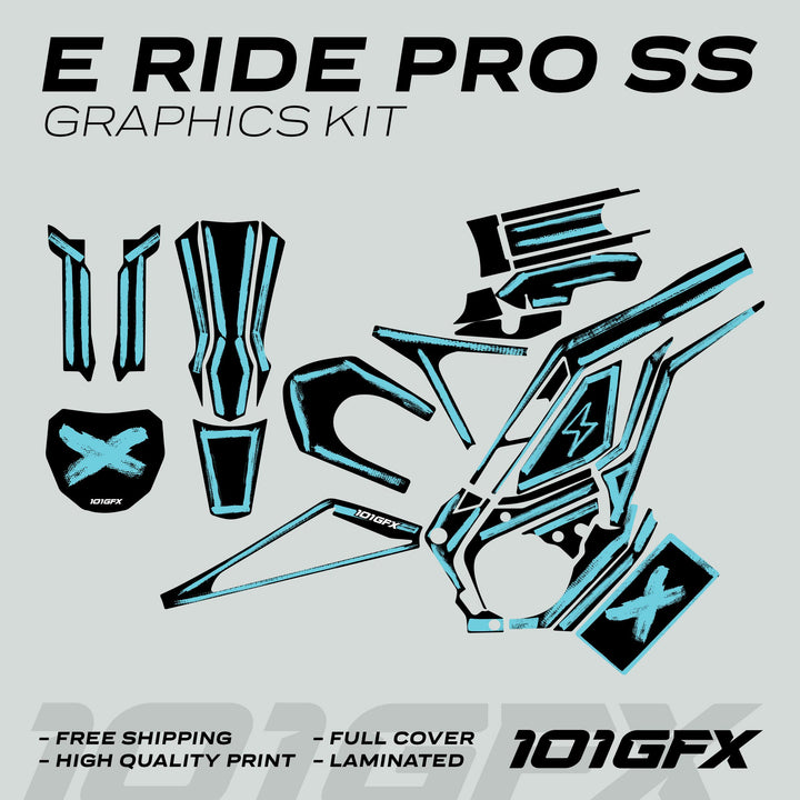 E Ride Pro SS Graphics Kit BRUSH Black Mint, featuring black decals with aqua accents, includes trim panels, fork guards, and number plates, emphasizing durability and easy application.