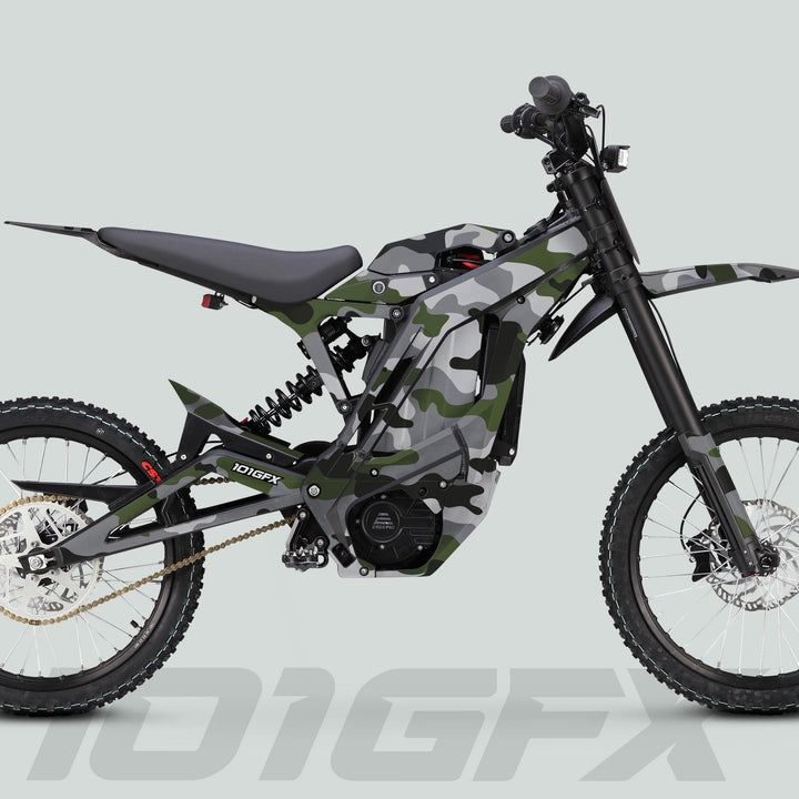 Camouflage-painted electric motorcycle showcasing E Ride Pro SS Graphics Kit CAMOUFLAGE OLISH with knobby tires, suspension, and chain drive, highlighting durable, easy-to-apply decals.