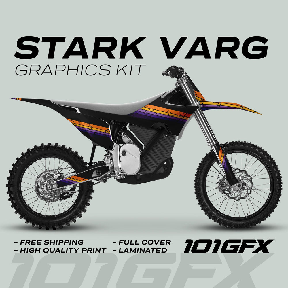 Stark Varg Graphics Kit RETRO YELLOW PURPLE Decals on motocross bike, featuring black design with orange and purple stripes, highlighting durability, easy application, and eye-catching retro flair.