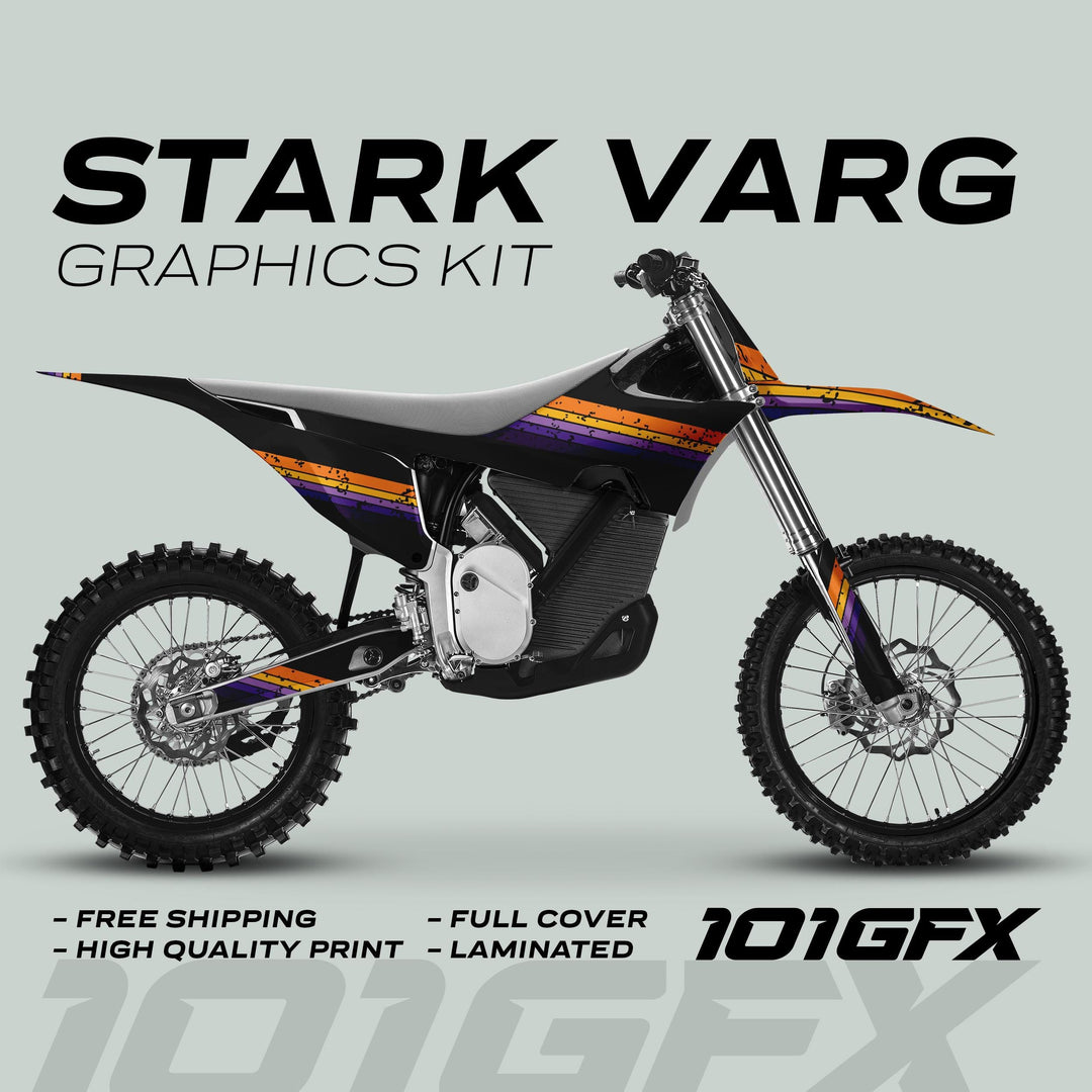 Stark Varg Graphics Kit RETRO YELLOW PURPLE Decals on motocross bike, featuring black design with orange and purple stripes, highlighting durability, easy application, and eye-catching retro flair.
