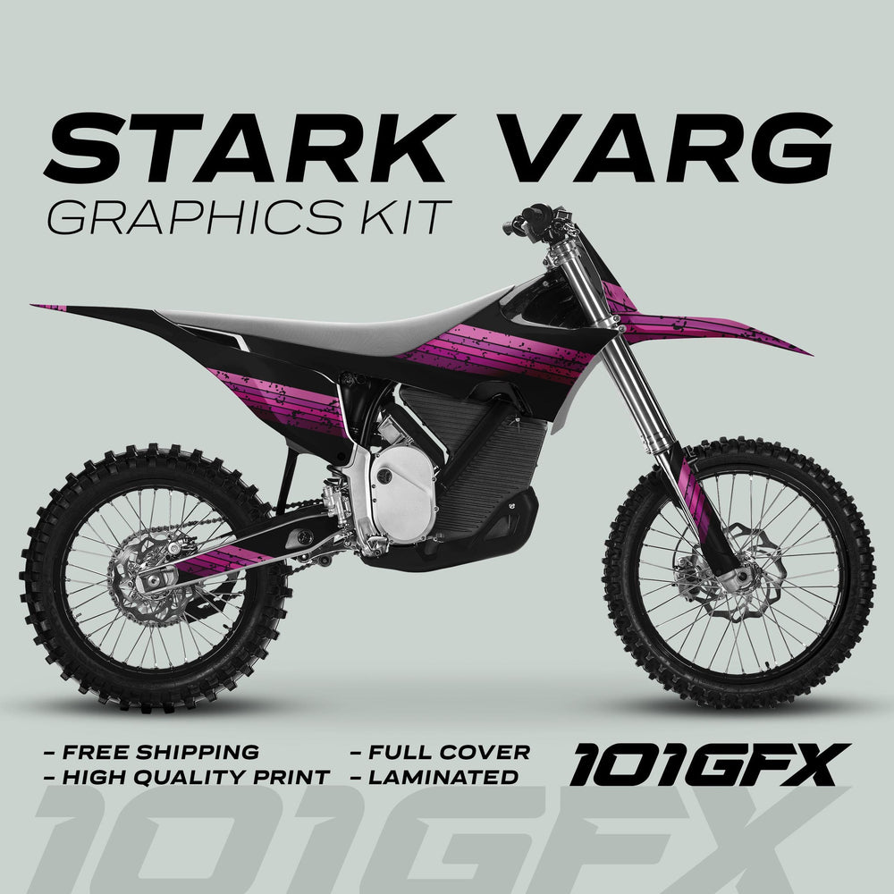 Side view of a dirt bike with Stark Varg Graphics Kit RETRO PINK Decals, featuring black and magenta stripes. Promotes durability, easy application, and unique retro design.