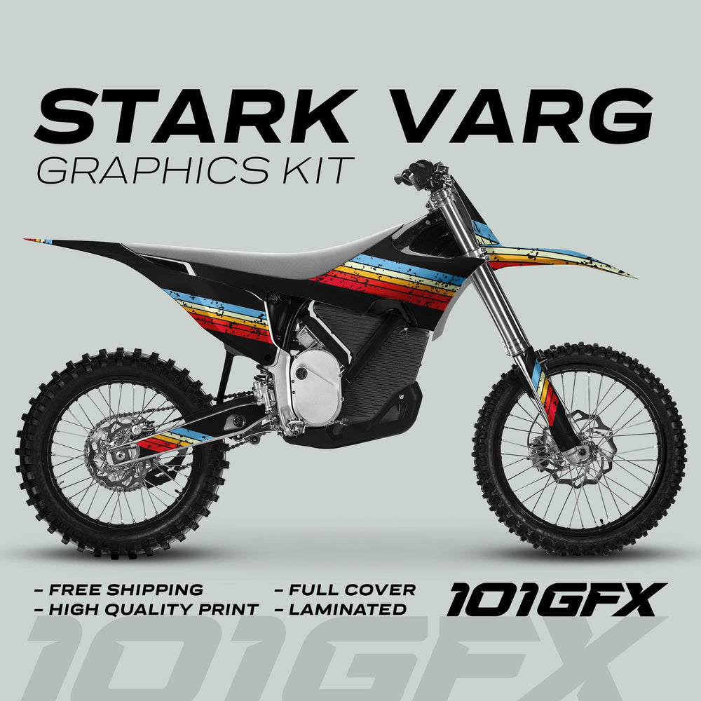 Stark Varg Graphics Kit RETRO ORIGINAL Decals Stickers showcase a sleek dirt bike with vibrant racing stripes, highlighting features like free shipping and high-quality print.