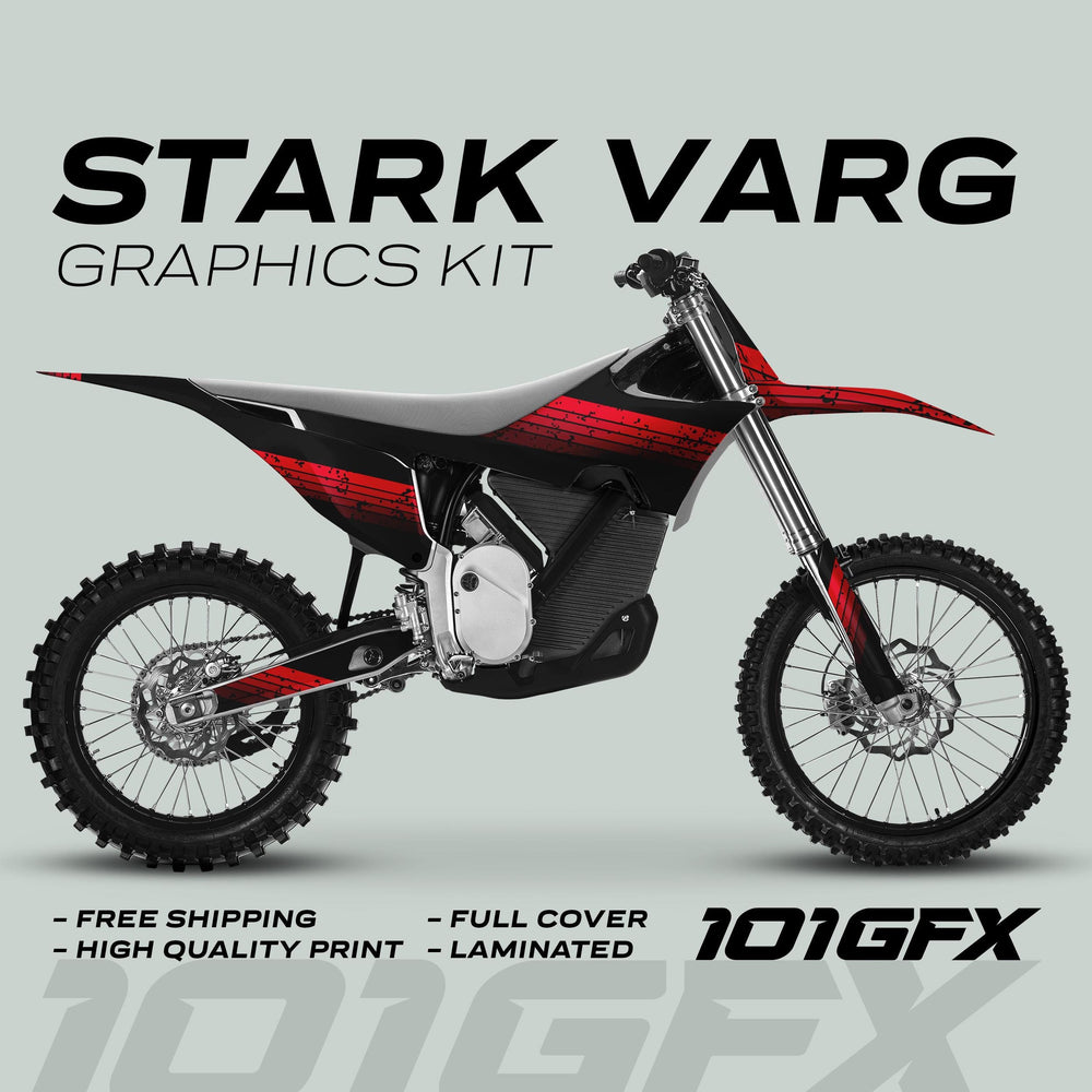 Side view of a motocross bike with Stark Varg Graphics Kit RETRO RED Decals, showcasing bold black and red design, emphasizing durability and style.