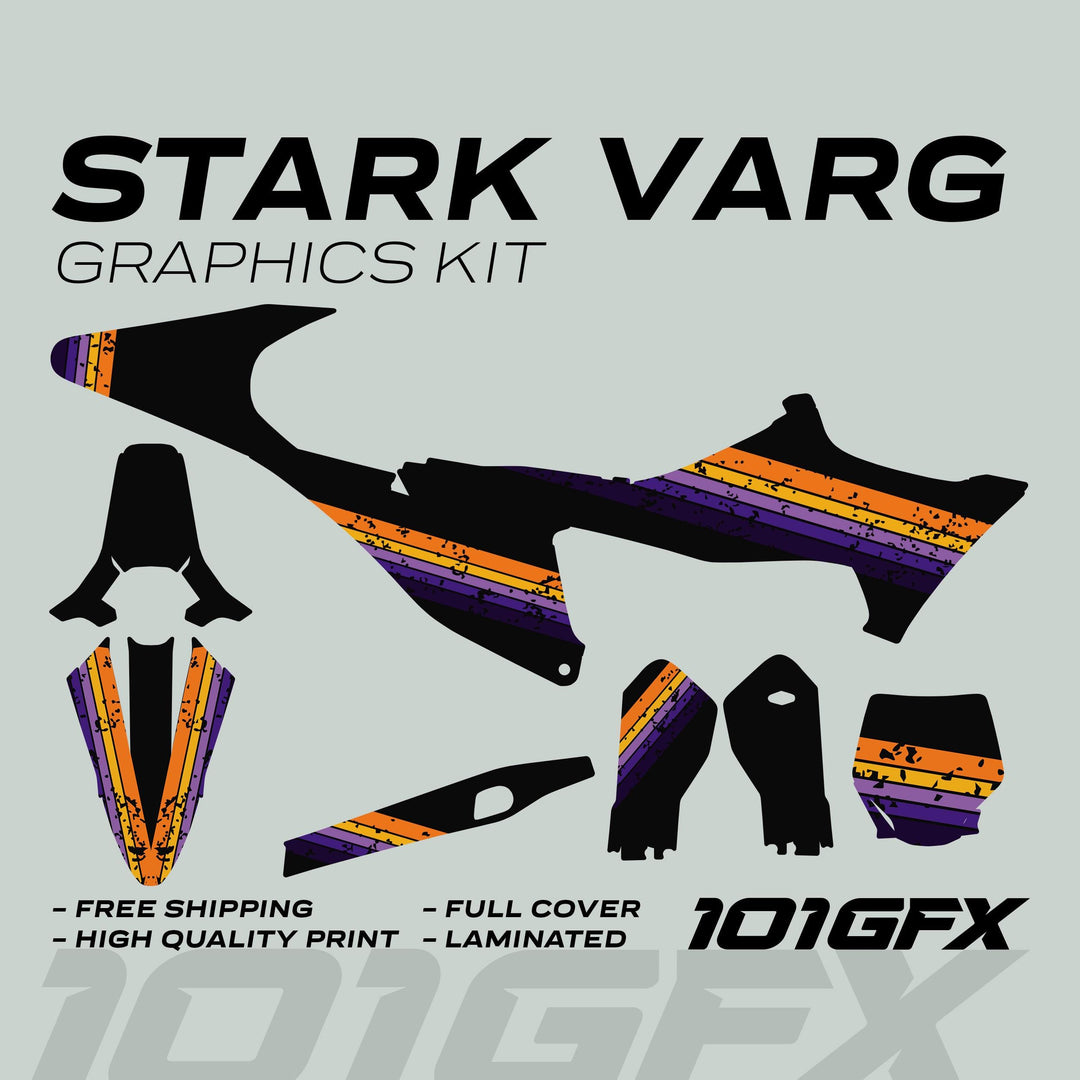 Stark Varg Graphics Kit RETRO YELLOW PURPLE Decals with black panel silhouettes, distressed orange and purple stripes, promoting free shipping, high-quality print, full cover, and durability.