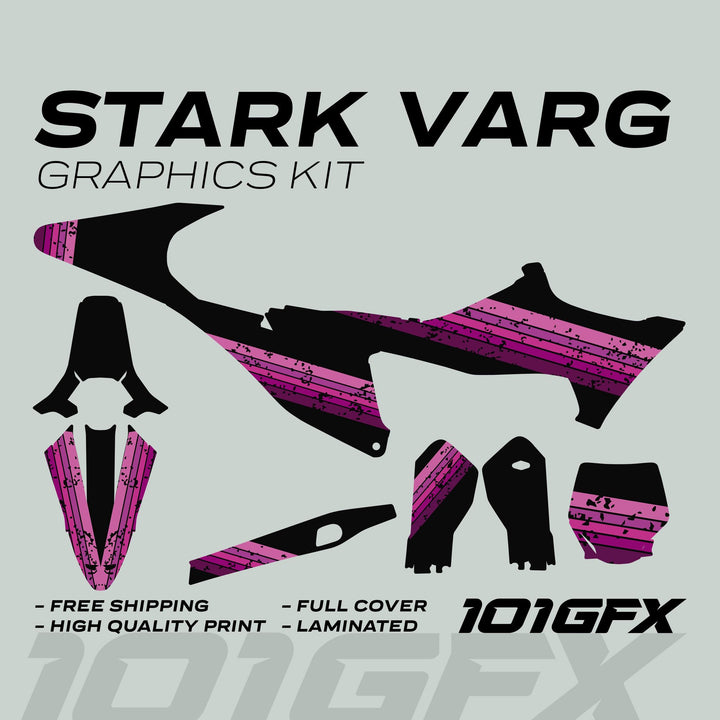 Stark Varg Graphics Kit RETRO PINK Decals Stickers: Black base with distressed purple stripes, includes shroud panels, fork guards, and more, featuring durability and easy application.