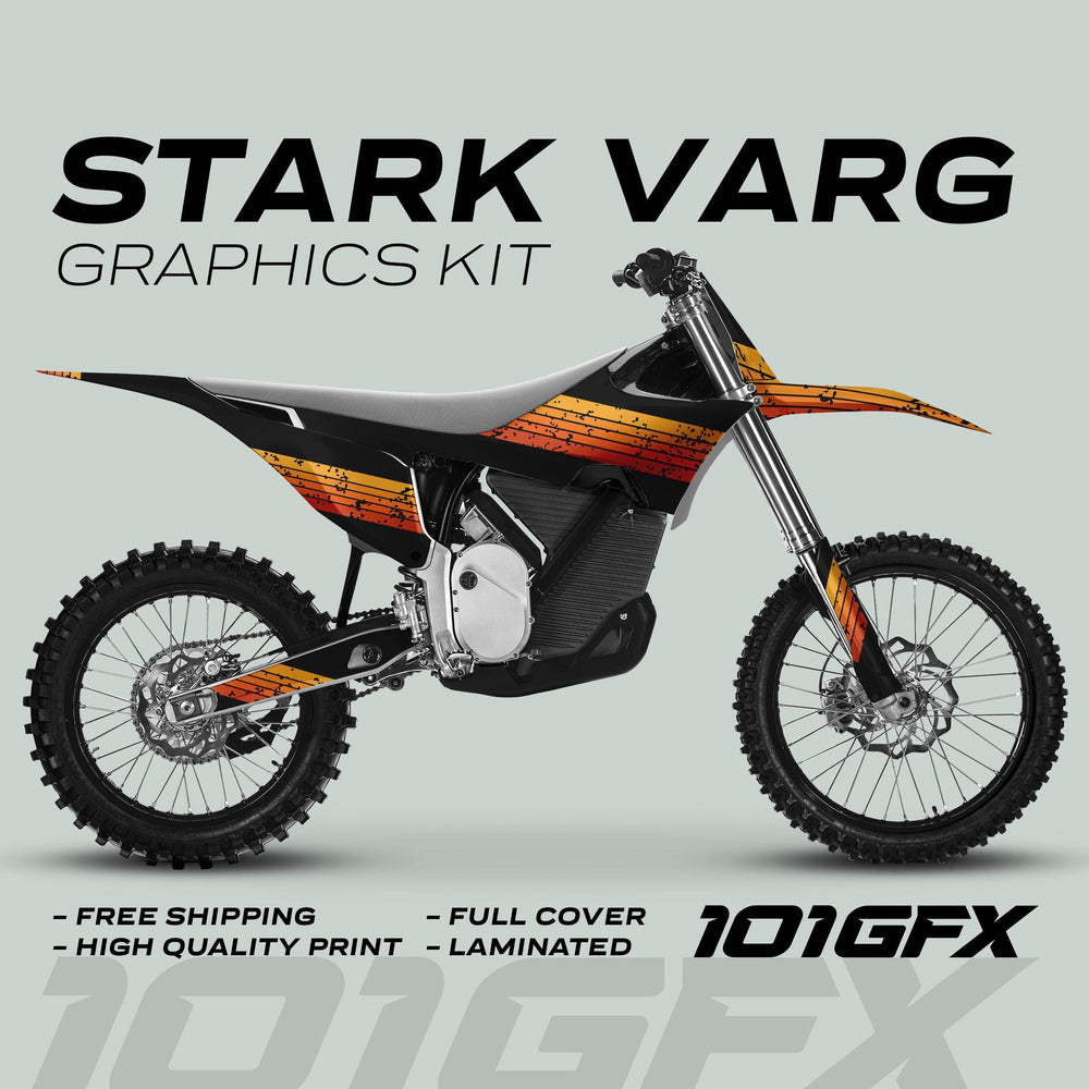 Stark Varg Graphics Kit RETRO ORANGE Decals Stickers on black dirt bike, featuring bold stripes and key selling points like free shipping, high quality, and full cover.