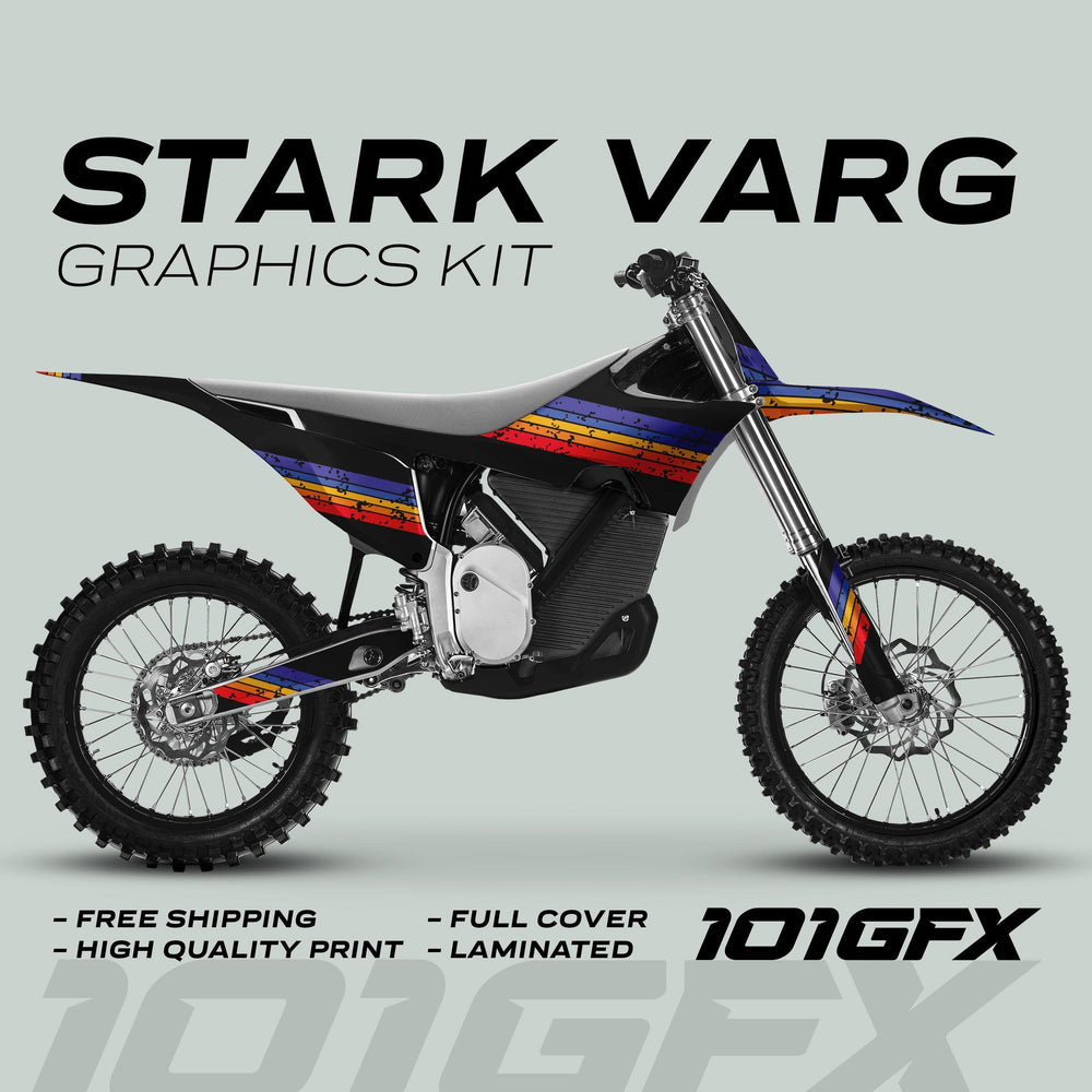 Stark Varg Graphics Kit RETRO MULTI Decals on a dirt bike, showcasing vibrant stripe design with promo for free shipping, high quality, full cover, laminated.