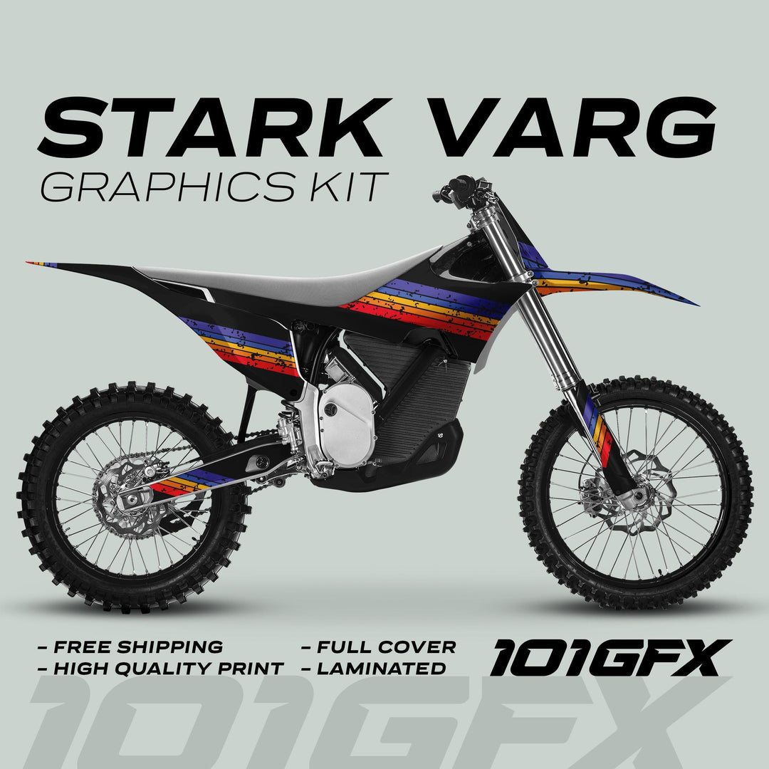 Stark Varg Graphics Kit RETRO MULTI Decals on a dirt bike, showcasing vibrant stripe design with promo for free shipping, high quality, full cover, laminated.