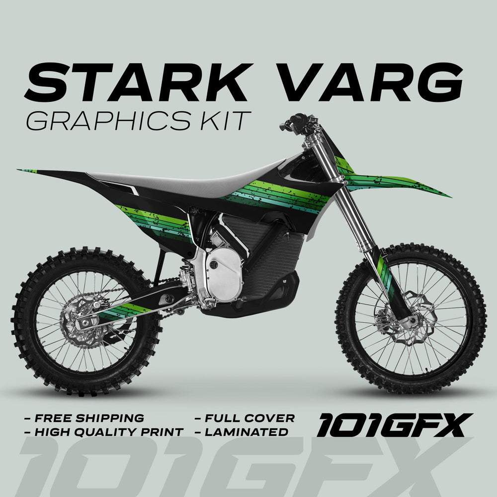 Stark Varg Graphics Kit RETRO GREEN on electric dirt bike, showcasing black base with distressed green stripes; includes features like full cover, high-quality print, and custom fit.