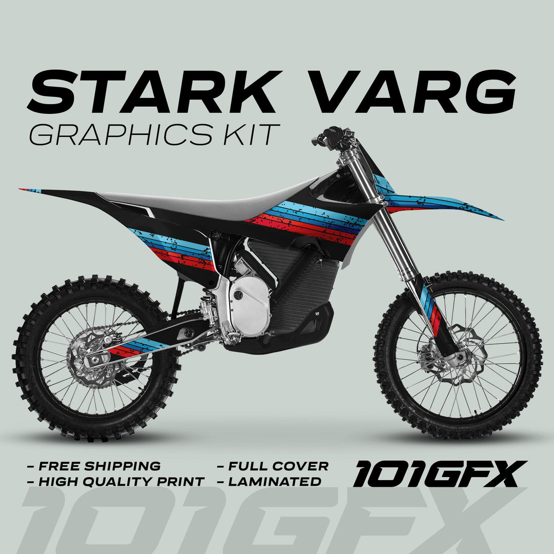 Side-view of a motocross bike with Stark Varg Graphics Kit, featuring distressed racing stripes. Includes selling points like free shipping and high-quality print.