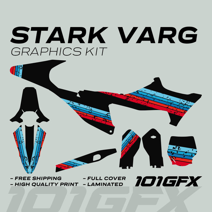 Stark Varg Graphics Kit RETRO BLUE RED Decals Stickers displayed in panel shapes, featuring distressed red and blue stripes with selling points and 101GFX logo above and below.
