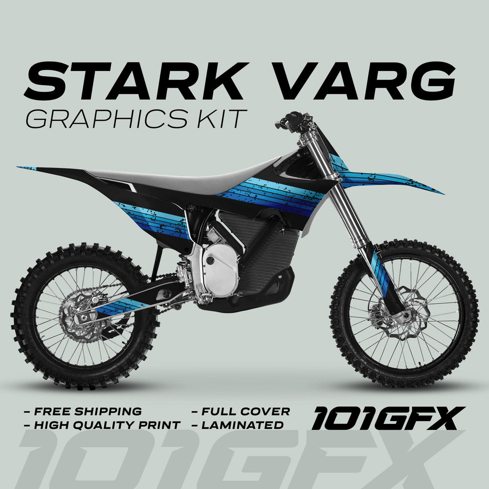 Stark Varg Graphics Kit RETRO BLUE displayed on a sleek dirt bike, featuring blue-and-black decals with marketing highlights: free shipping, high-quality, full cover, laminated.