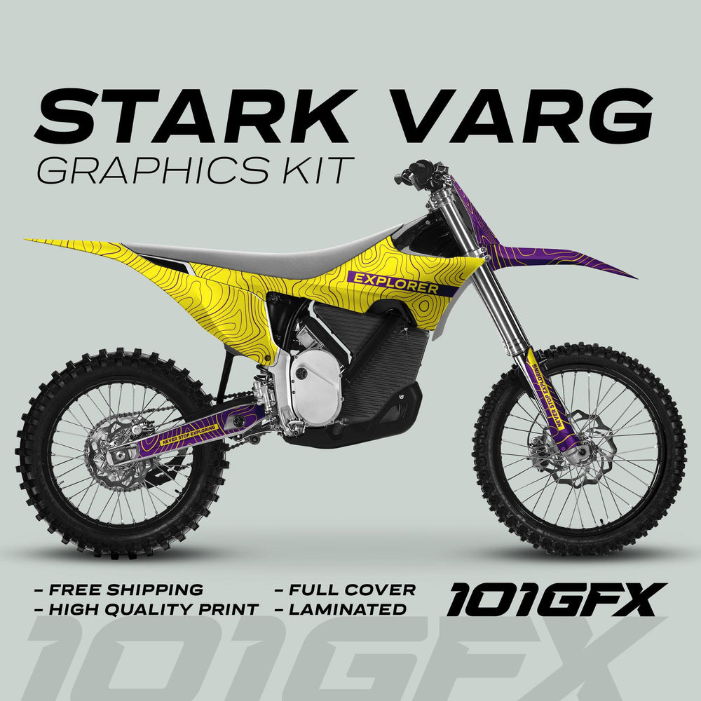 Stark Varg Graphics Kit EXPLORER YELLOW PURPLE Decals, featuring topographic patterns and text, designed for easy installation and striking style on motocross bikes.