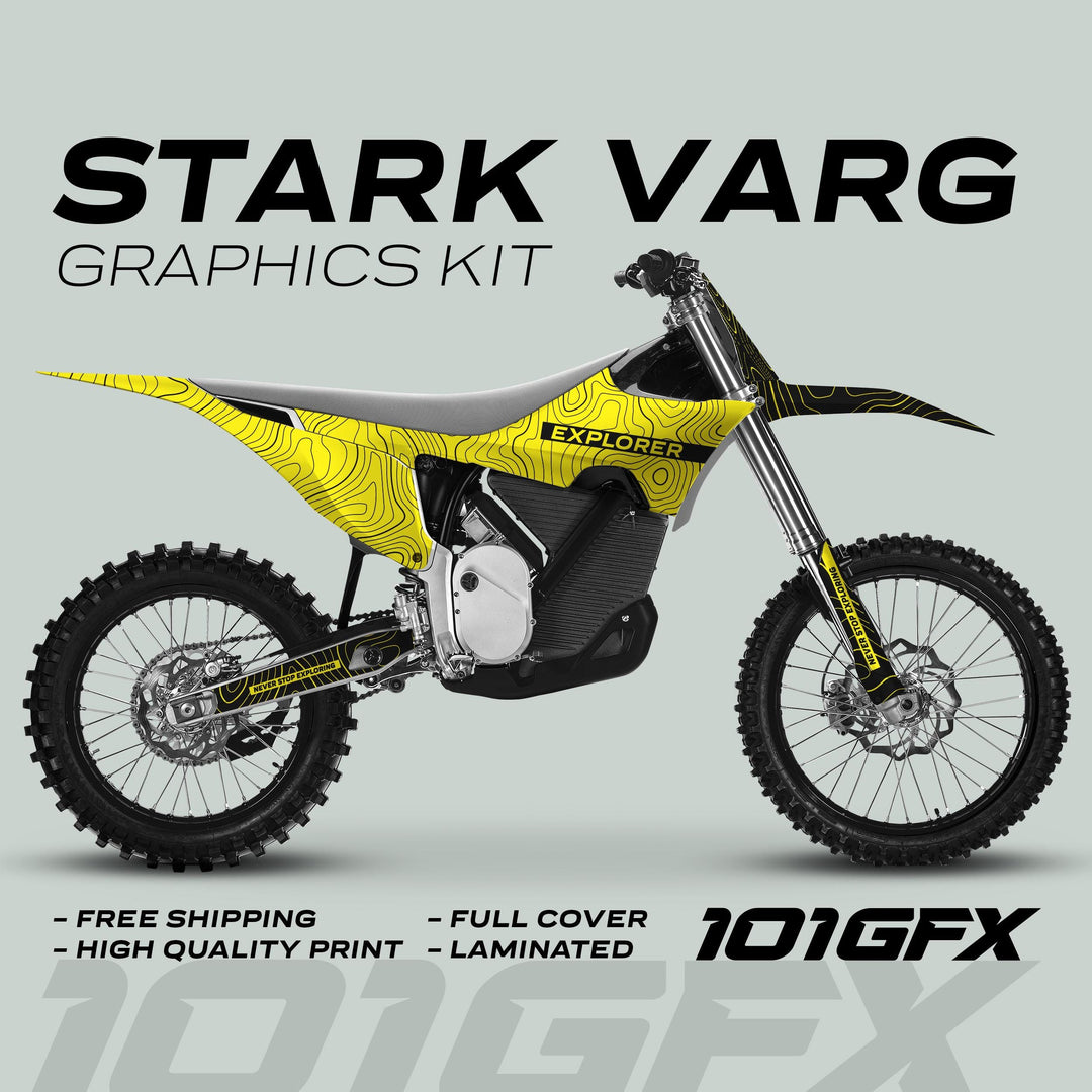 Stark Varg Graphics Kit EXPLORER YELLOW BLACK on dirt bike, featuring topographic pattern on fenders and guards; highlights: free shipping, high-quality, laminated, full coverage.