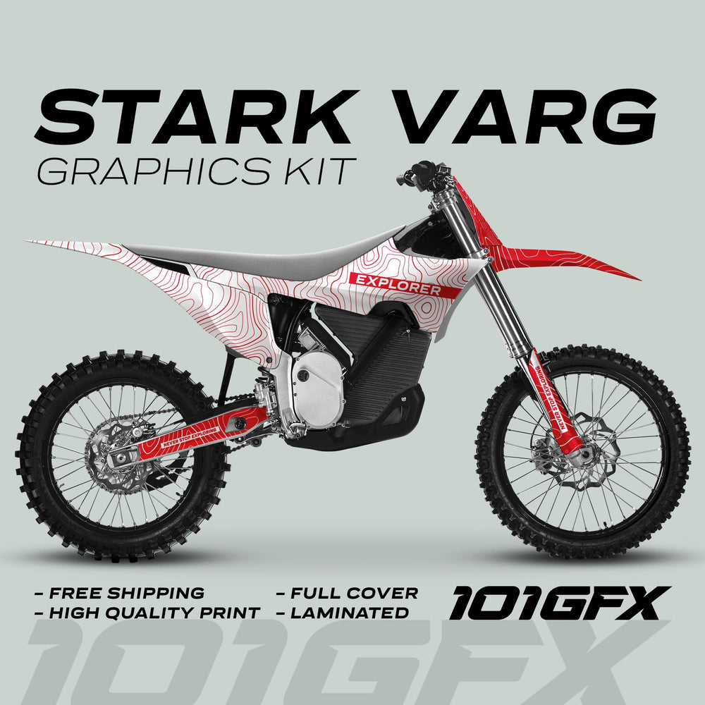 Stark Varg Graphics Kit EXPLORER WHITE RED Decals on dirt-bike, showcasing topographic design, promoting durability and style with “Never Stop Exploring” message. Features high-quality, full-cover, laminated decals.