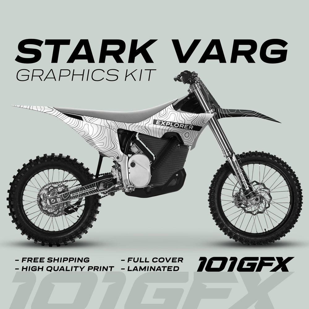 Stark Varg Graphics Kit EXPLORER WHITE GREY Decals on dirt bike, showcasing a topographic pattern. Features free shipping, high-quality print, full cover, and lamination.