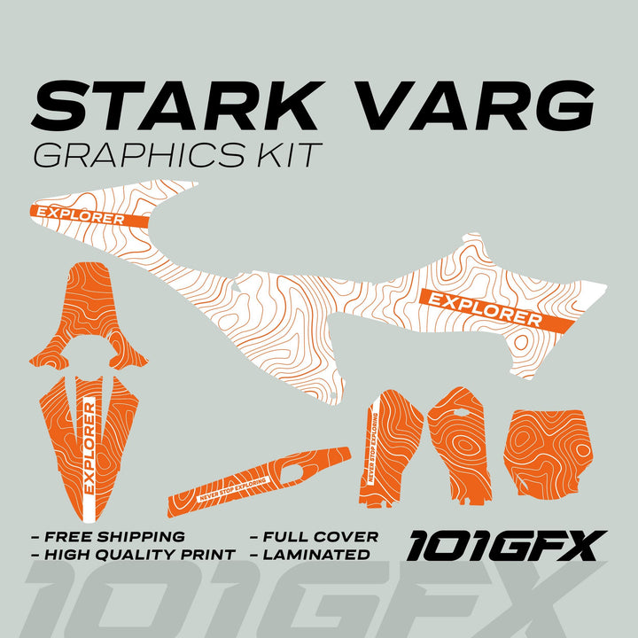Stark Varg Graphics Kit EXPLORER WHITE ORANGE Decals Stickers featuring orange-and-white topographic patterns, with “EXPLORER” text and highlights like high-quality print and full cover.