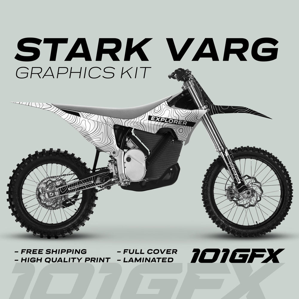 Stark Varg Graphics Kit EXPLORER WHITE BLACK on off-road motorcycle, featuring topographic lines and Explorer text. Highlighted: free shipping, high-quality print, full cover, laminated.