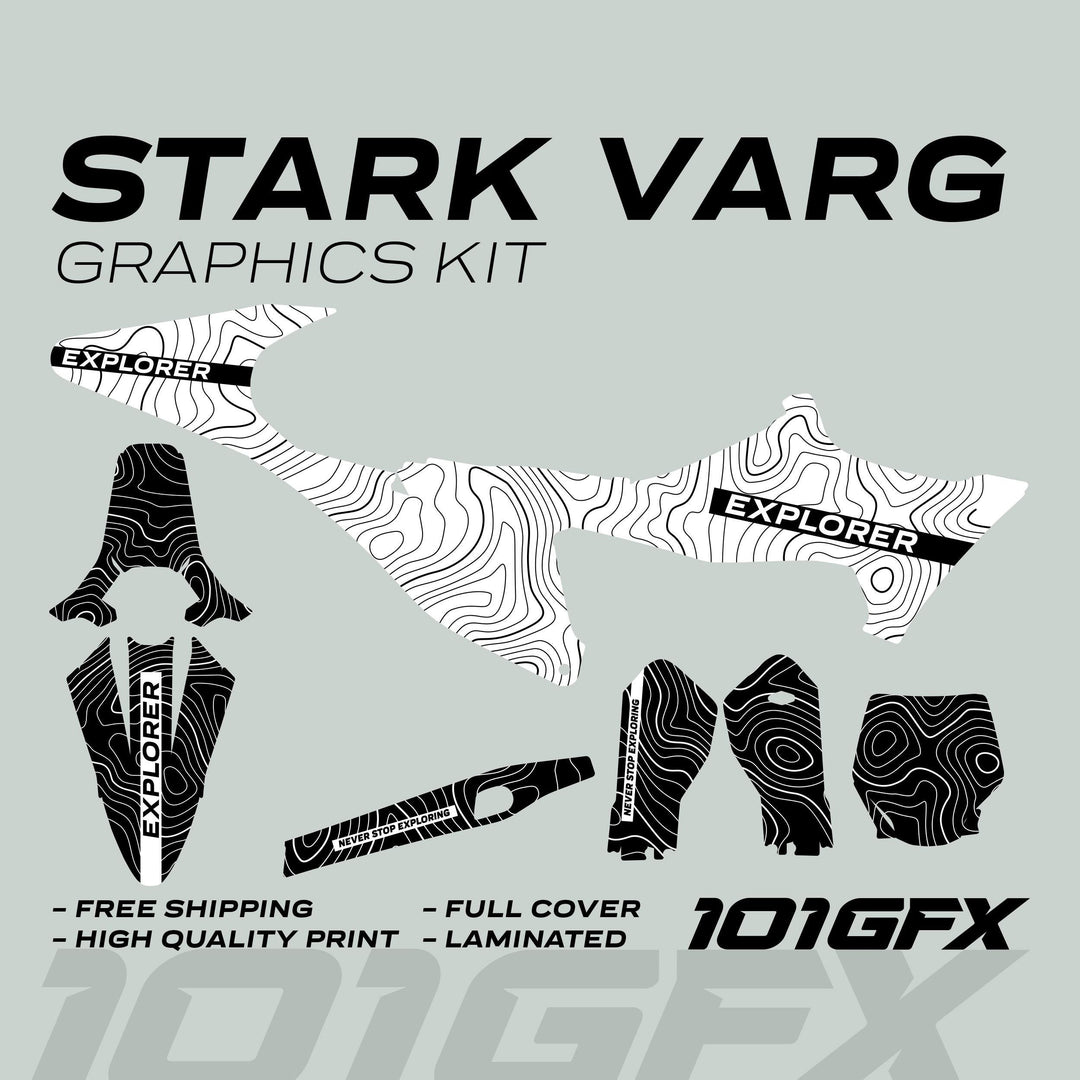 Stark Varg Graphics Kit EXPLORER WHITE BLACK Decals Stickers featuring topographic patterns, EXPLORER branding, promoting durable, stylish vehicle transformation with easy application and perfect fit.