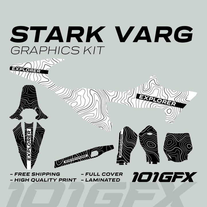 Stark Varg Graphics Kit EXPLORER WHITE BLACK Decals Stickers featuring topographic patterns, EXPLORER branding, promoting durable, stylish vehicle transformation with easy application and perfect fit.