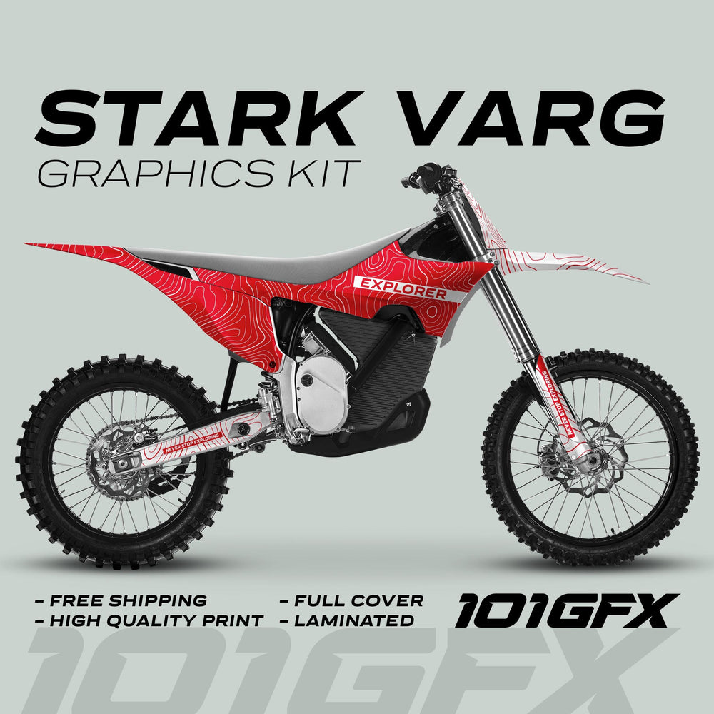 Stark Varg Graphics Kit EXPLORER RED WHITE on motocross bike, showcasing red-white topographic decals, free shipping, high-quality print, full-cover application, laminated finish.