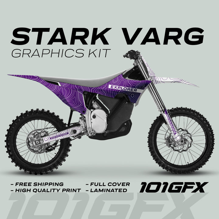 Stark Varg Graphics Kit EXPLORER PURPLE WHITE Decals feature a side-view dirt-bike with a topographic pattern, emphasizing high-quality, full-cover, laminated design.