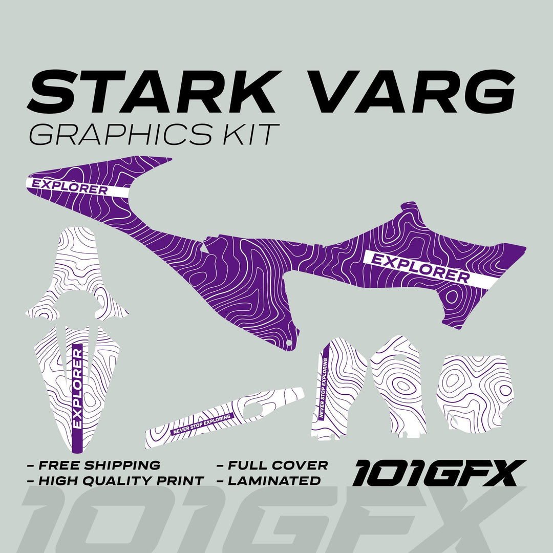 Stark Varg Graphics Kit EXPLORER PURPLE WHITE decals featuring purple-and-white topographic-map pattern, promoting durability, full cover, high quality, and laminated finish.