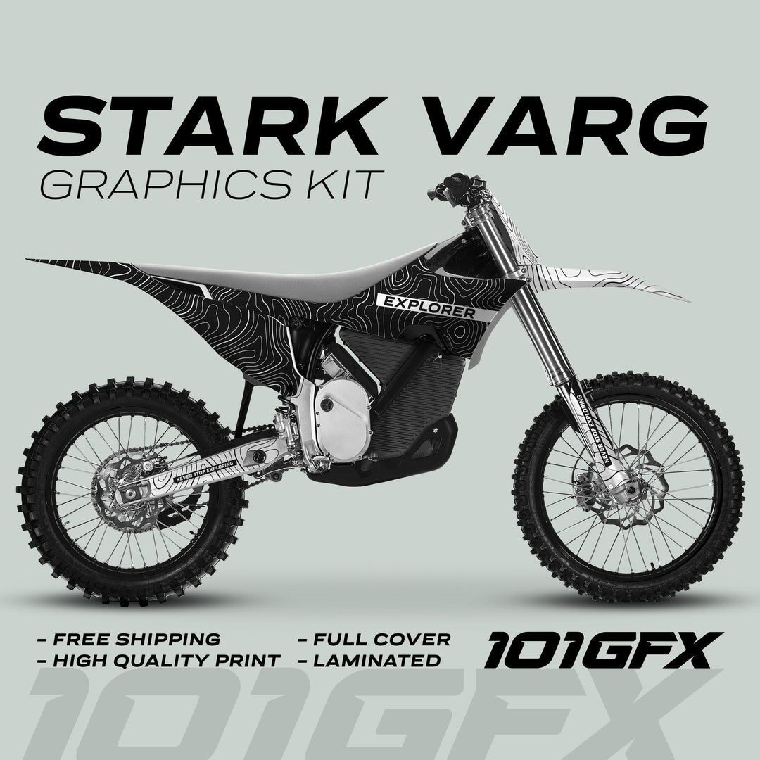 Stark Varg Graphics Kit EXPLORER BLACK WHITE showcased on bike with topographic pattern, emphasizing durability and style with Explorer text. Features: free shipping, high quality, full cover, laminated.