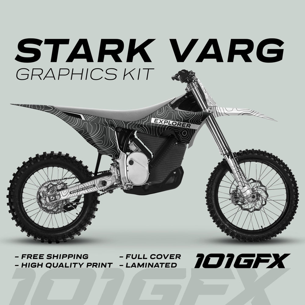 Stark Varg Graphics Kit EXPLORER GREY WHITE Decals Stickers on a motocross bike, showcasing topographic-line design with features like free shipping and high-quality print.