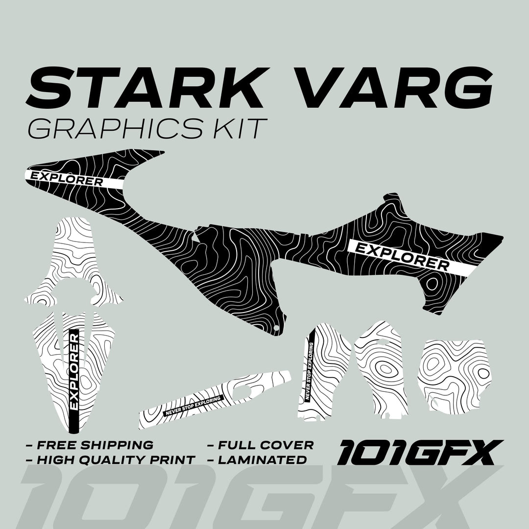 Stark Varg Graphics Kit EXPLORER BLACK WHITE Decals: black and white topographic-patterned die-cut decals with EXPLORER and slogan, showcasing durability and easy application for vehicles.
