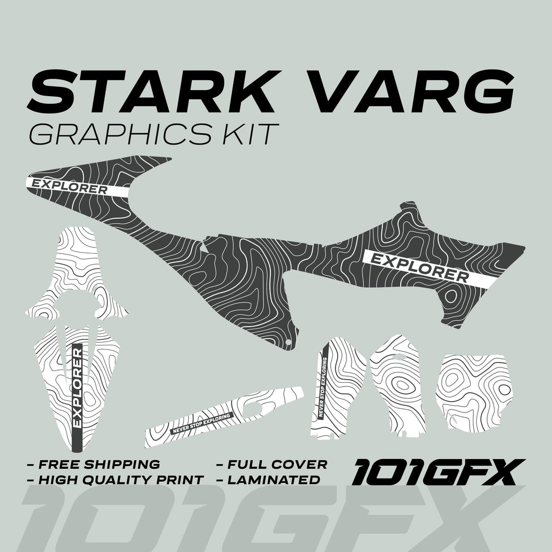 Stark Varg Graphics Kit EXPLORER GREY WHITE Decals Stickers, showcasing black-and-white topographic patterns, peel-and-stick shapes, ideal for vehicle enhancement and protection.