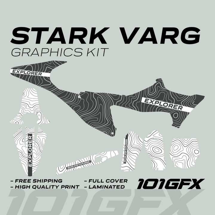Stark Varg Graphics Kit EXPLORER GREY WHITE Decals Stickers, showcasing black-and-white topographic patterns, peel-and-stick shapes, ideal for vehicle enhancement and protection.