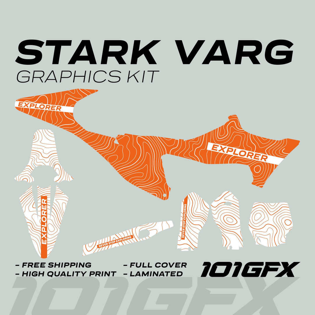Stark Varg Graphics Kit EXPLORER ORANGE WHITE Decals Stickers featuring topographic contour design and text, laid out flat with features like durability and easy application.