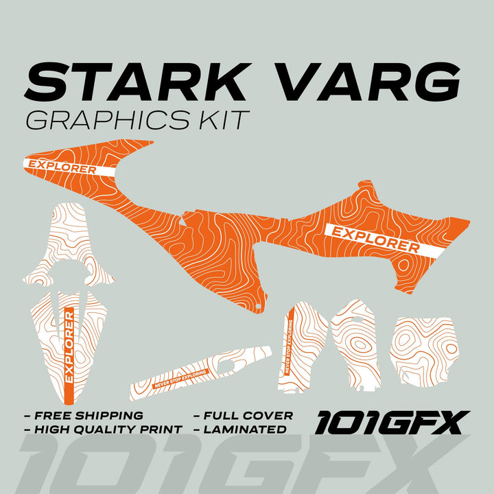 Stark Varg Graphics Kit EXPLORER ORANGE WHITE Decals Stickers featuring topographic contour design and text, laid out flat with features like durability and easy application.