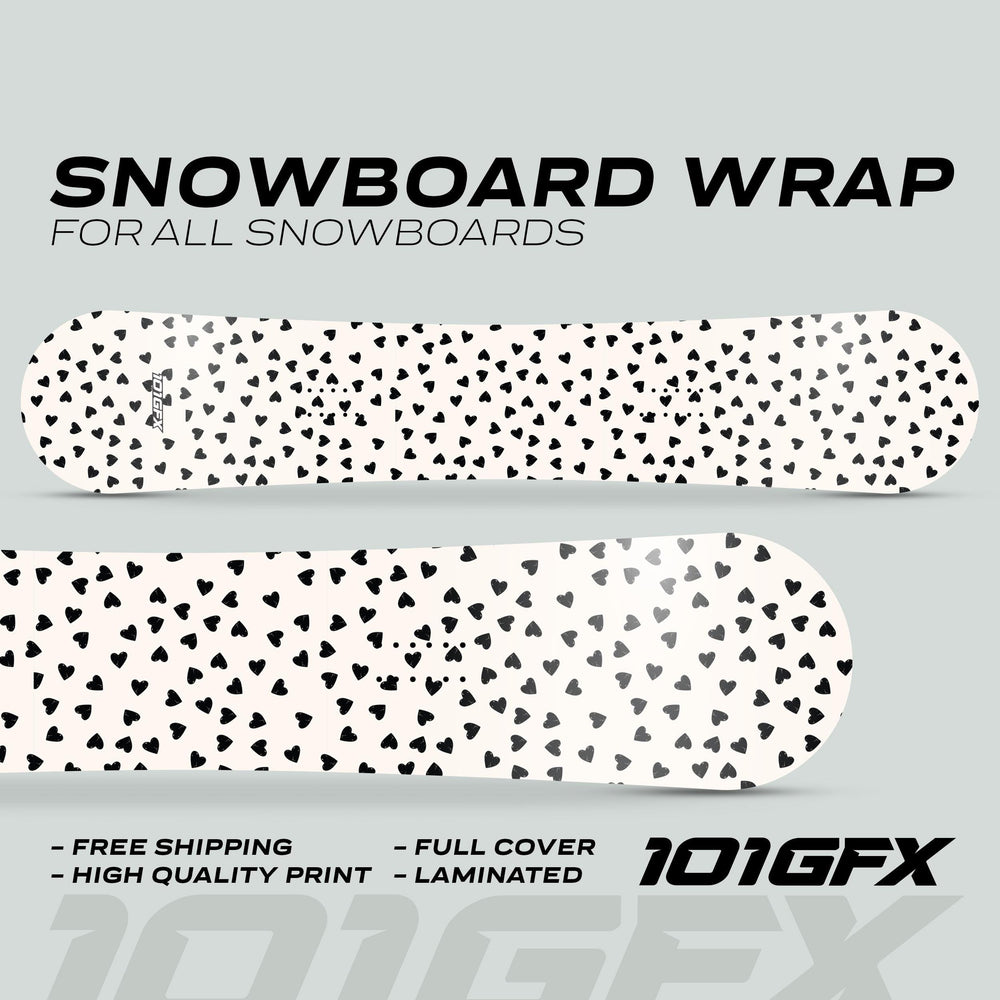 Snowboard Wrap HEARTS decals feature black hearts on off-white, covering full snowboard length. Highlights: free shipping, high-quality print, full cover, laminated, by 101GFX.