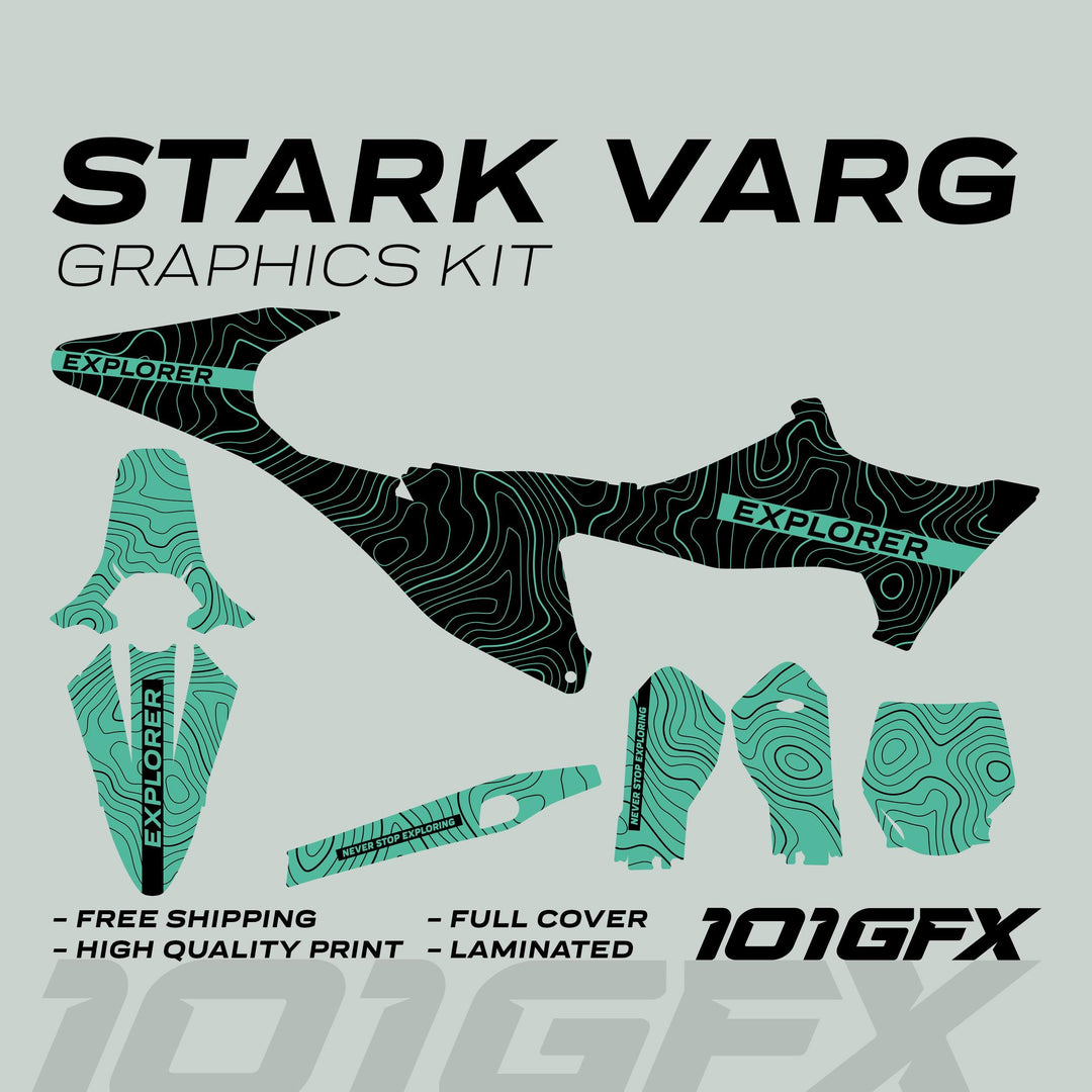 Stark Varg Graphics Kit EXPLORER BLACK MINT Decals Stickers displayed as individual vehicle decals, featuring a contour-line pattern, EXPLORER text, and slogans like Never Stop Exploring.